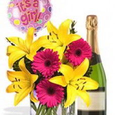 Asiatic and Gerbera Package White Wine and  Its a GIRL Helium Balloon
